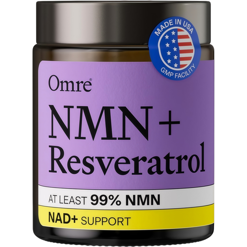 OMRE NMN + Resveratrol Supplement 99% Purity for Cellular Energy, NAD+ Boost | Highly Bioavailable Nicotinamide Mononucleotide Supplement Resveratrol 500mg & NMN 500mg, Made in USA, 60 Capsules