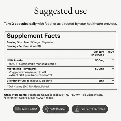 OMRE NMN + Resveratrol Supplement 99% Purity for Cellular Energy, NAD+ Boost | Highly Bioavailable Nicotinamide Mononucleotide Supplement Resveratrol 500mg & NMN 500mg, Made in USA, 60 Capsules